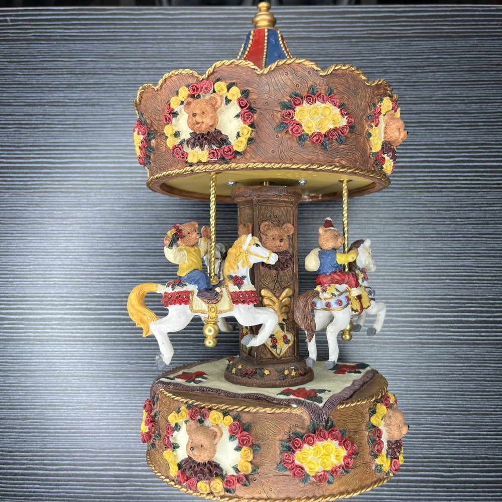 Musical Carousel Teddy Bear Horse Figurine Red Blue Floral Nursery Decor 10in - Picture 8 of 14